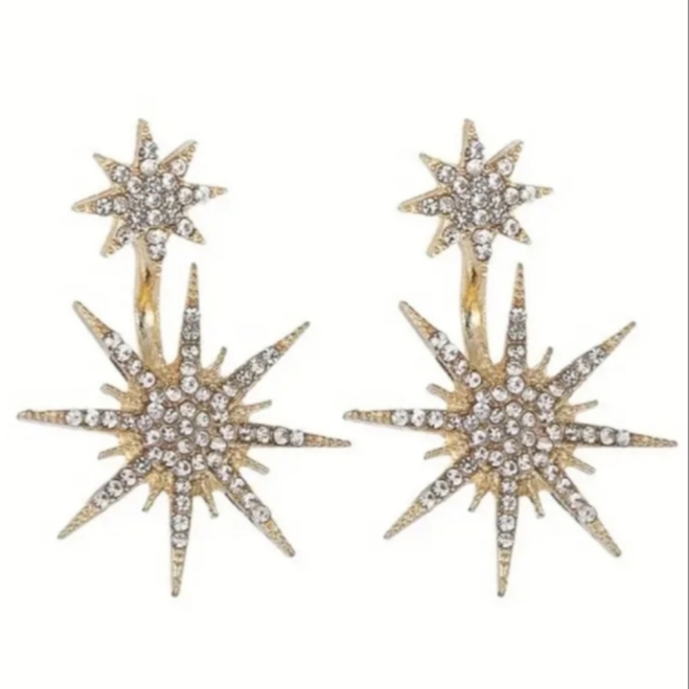 Gold Starburst Earrings Double Layered Star Rhinestone Pave Crystal CZ Stars New